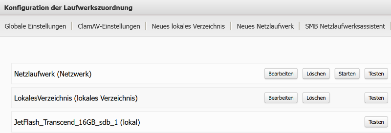 Ansicht Konfiguration der Laufwerkszuordnung mit angelegten lokalem Laufwerkwerk, Netzlaufwerk und lokalem Verzeichnis